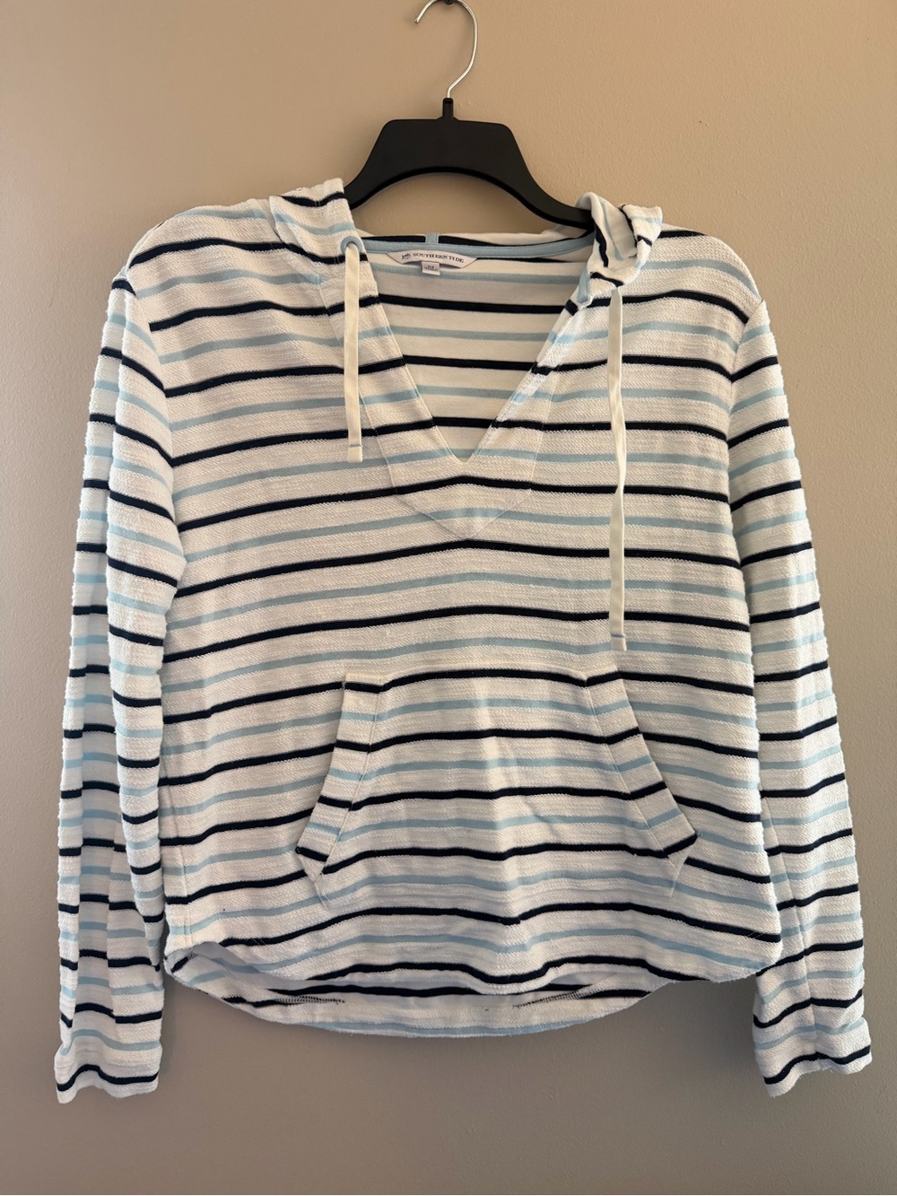 Southern Tide Striped White and Light Blue Hooded Pullover